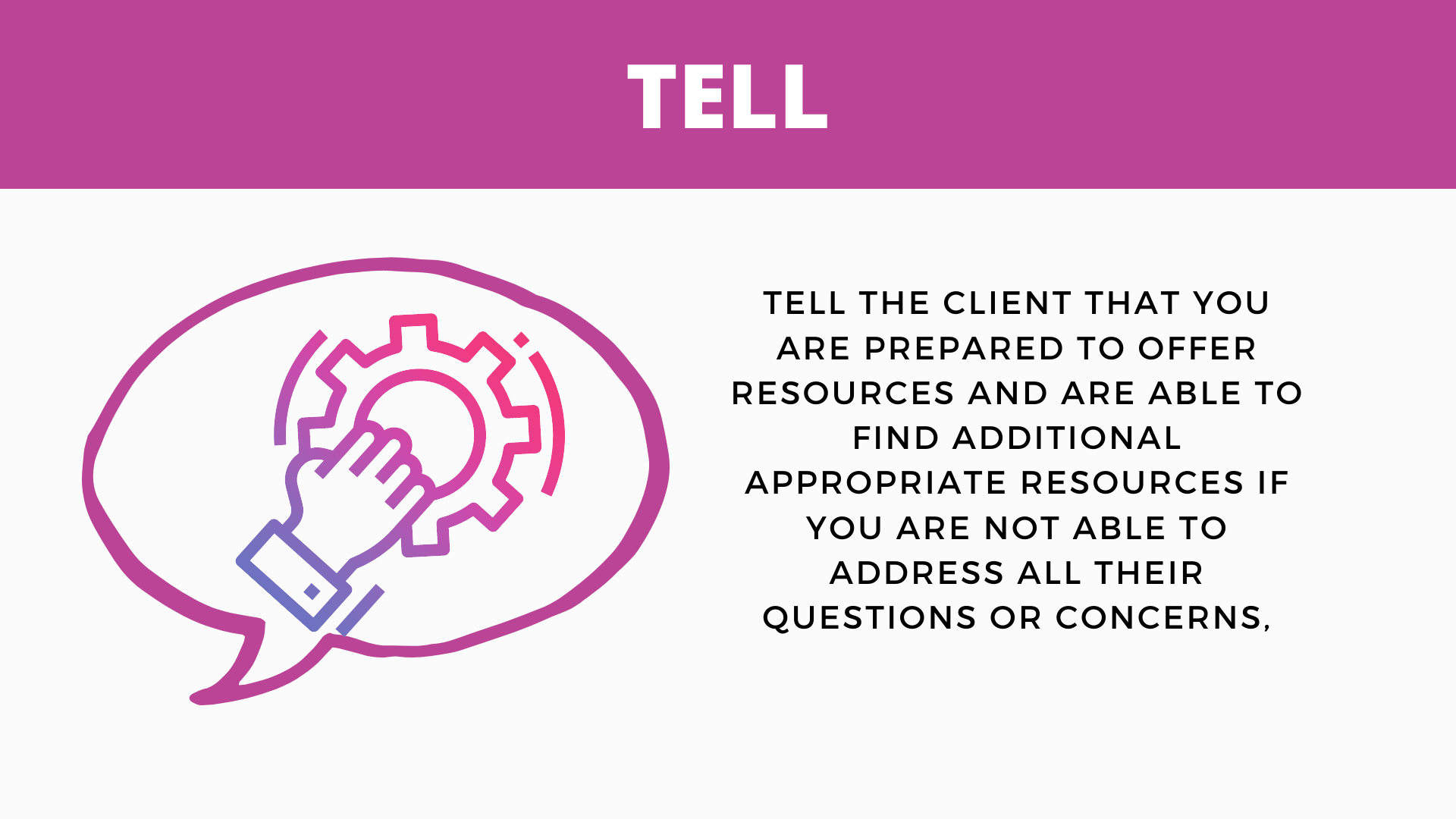 Presentation slide on the BETTER model step "Tell"