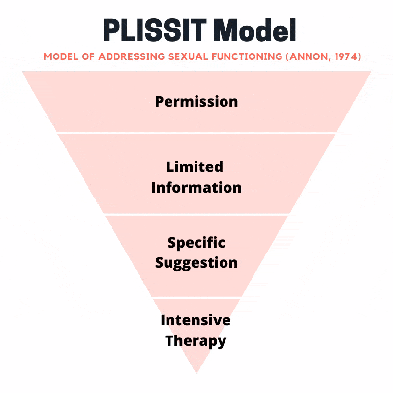 PLISSIT Model diagram that depicts the 4 different levels, Permission, Limited Information, Specific Suggestion and Intensive Therapy.
